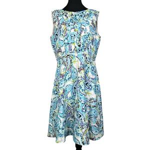 Y2K Paisley Boho Pleated Midi Dress Preston & York Blue Sleeveless Sz-10 Office